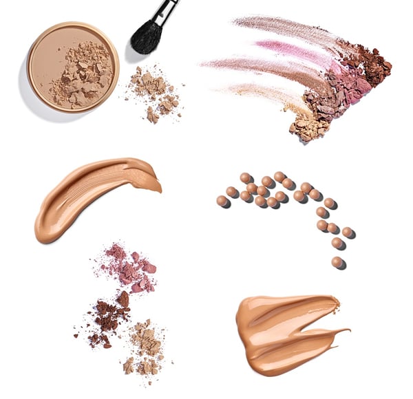 collection of various make up powder samples on white background. each one is shot separately