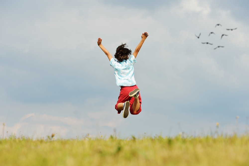 Happy little boy on summer grass meadow in nature jumping
